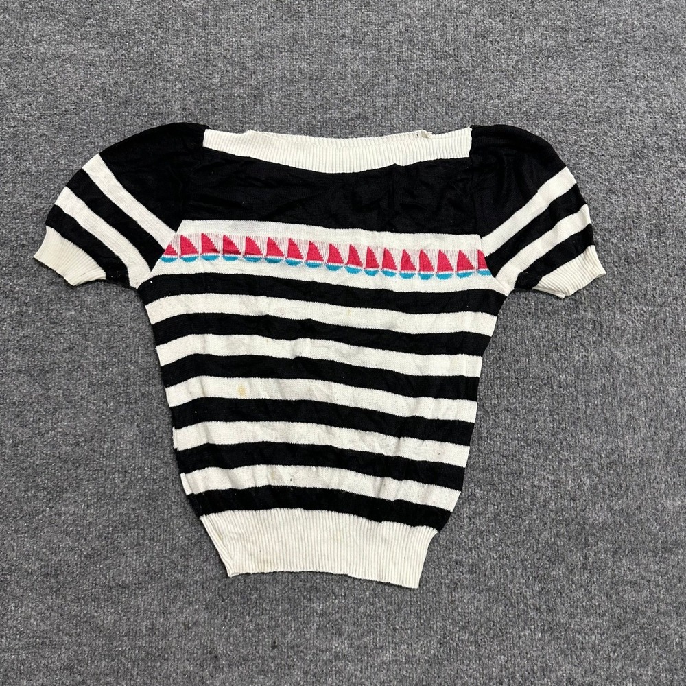 Vintage Knit Sweater Womens Size S Black White Striped Sailboat Nautical Stains